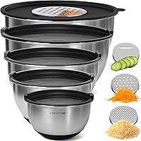 Priority Chef Stainless Steel Mixing Bowls with Lids Set, 3 Grater Attachments, Airtight Lids, Non-Slip Silicone Base Mixing Bowl Set, Large Prep Metal Mixing Bowls for Kitchen, Black