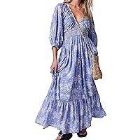 Women's Summer Dress Printed V-Neck Silhouette Exaggerated Sleeves Casual Maxi Dress