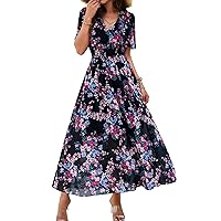 Women Floral Maxi Dress, V-Neck Short Sleeve Empire Waist Summer Dress, Boho Flowy Smocked Long Dress