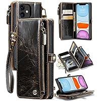 Defencase for iPhone 11 Wallet Case, for iPhone 11 Case Wallet for Women and Men, Luxury Vintage PU Leather Magnetic Flip Wrist Strap Zipper Card Holder Phone Cases for iPhone 11, Luxury Coffee