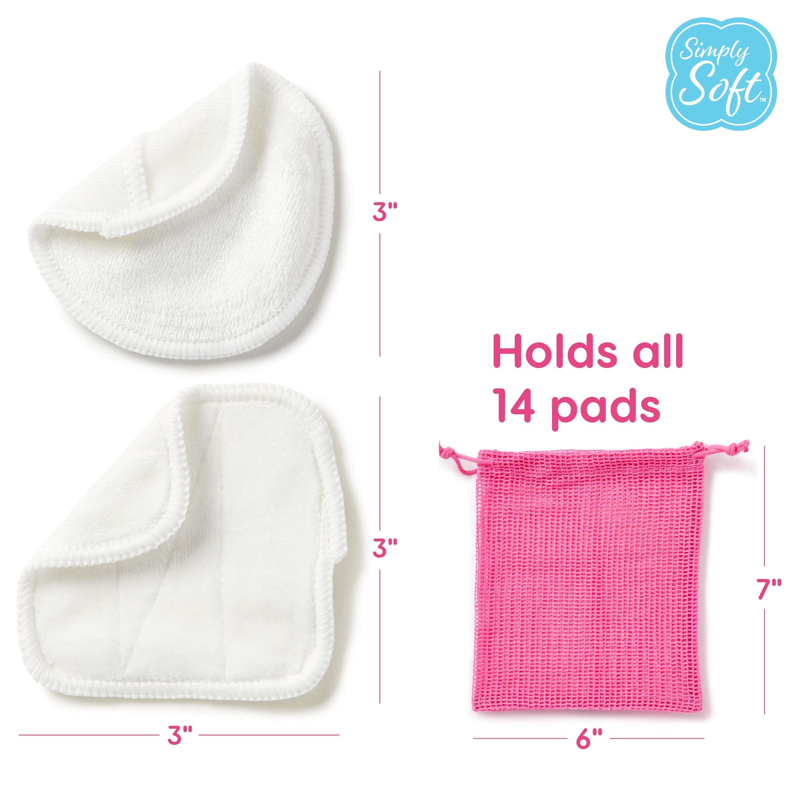Simply Soft Reusable Cotton Rounds, 14 Count, Makeup Remover Pads for All Skin Types, Sustainable, Minimizes Waste, Dermatologically Tested (7 Rounds and 7 Squares with 1 Washable Mesh Bag)