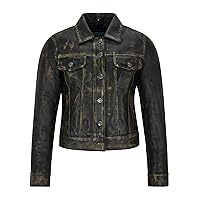 Women's Trucker Real Leather Vintage Jacket Washed Leather Shirt Jacket 1680