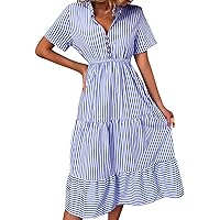 Women's Stripe V-Neck Midi Dress Short Sleeve Boho Summer Beach Long Dress Hem Smocked Dress for Women