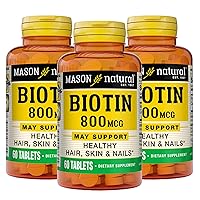 MASON NATURAL 800 Mcg Tablets, Dietary Supplement, Support and Strengthens Healthy Hair and Nails Biotin, 60 Count, Pack of 3