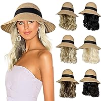 Sun Hat with Hair Extensions Hat Wig UPF 50+ Foldable Wide Brim Straw Beach Hat Attached 9