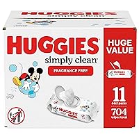 Huggies Simply Clean Fragrance-Free Baby Wipes, Unscented Diaper Wipes, 64 Count(Pack of 11) (704 Wipes Total)