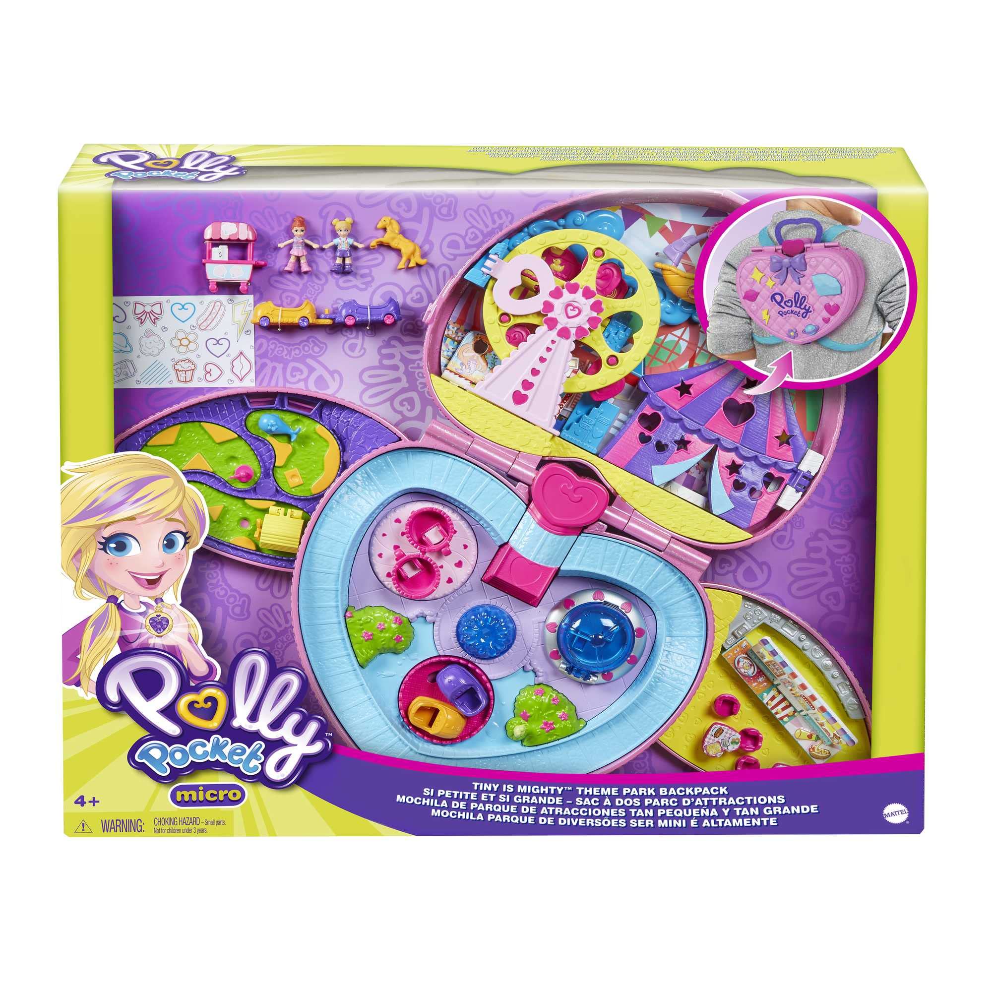 Polly Pocket 2-In-1 Travel Toy Playset with 2 Micro Dolls & Toy Cars, Tiny Is Mighty Theme Park Backpack Compact