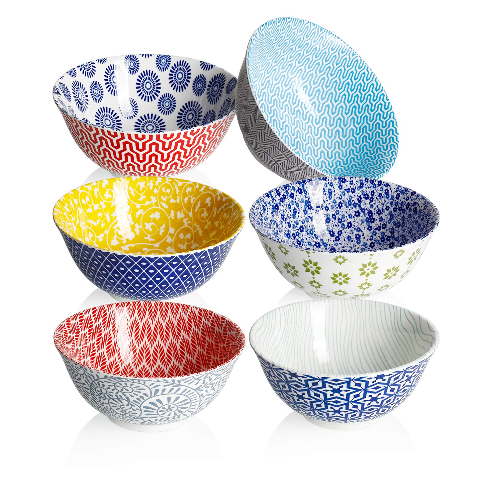 Amazingware Porcelain Bowls - 26 Ounce for Cereal, Soup, Salad and Fruit, Set of 6, Assorted Designs