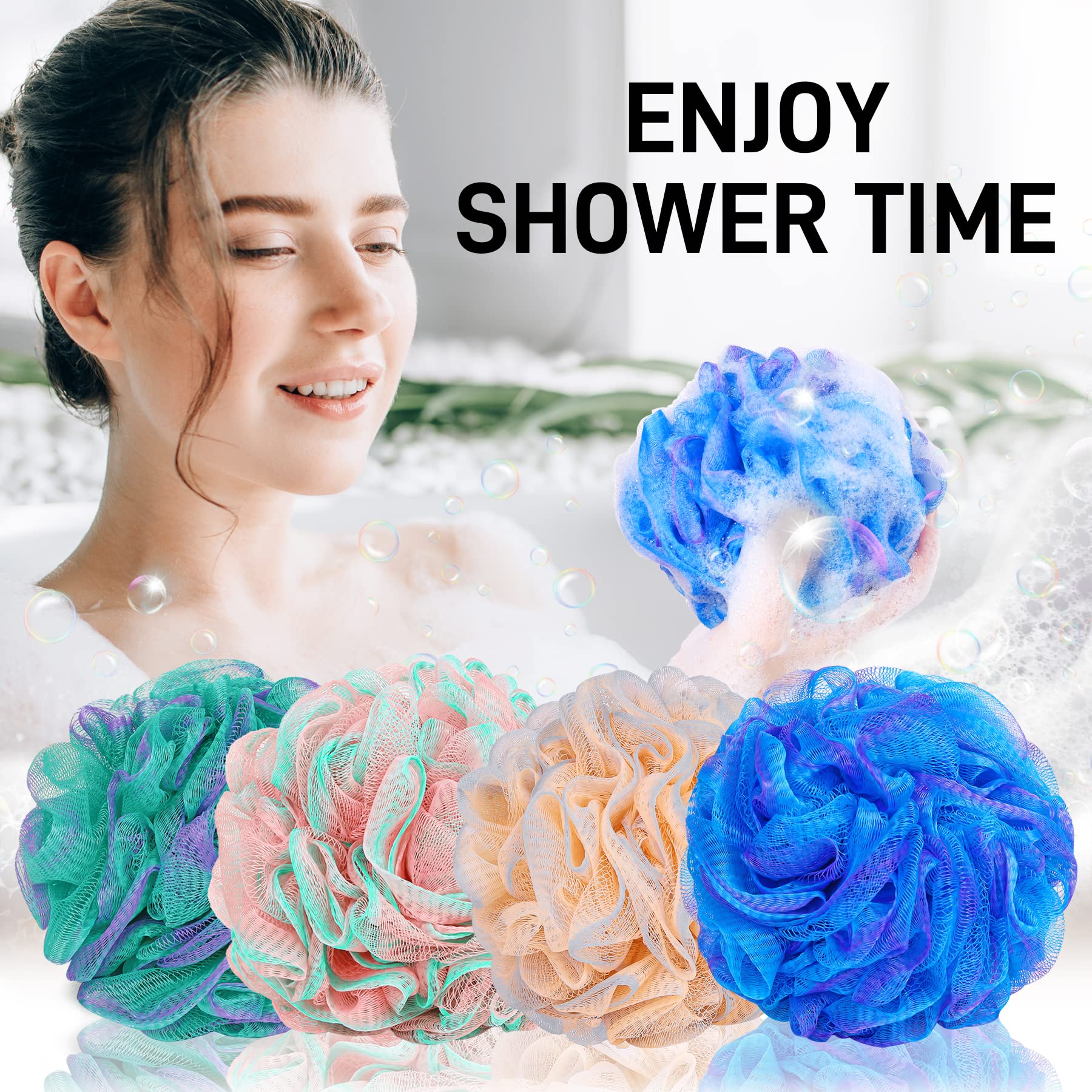 Shower Loofah Bath Sponge 75g - 4 Pack Large Soft Nylon Mesh Puff for Body Wash, Loofah Shower Exfoliating Scrubber Pouf for Women and Men, Full Cleanse, Beauty Bathing Accessories