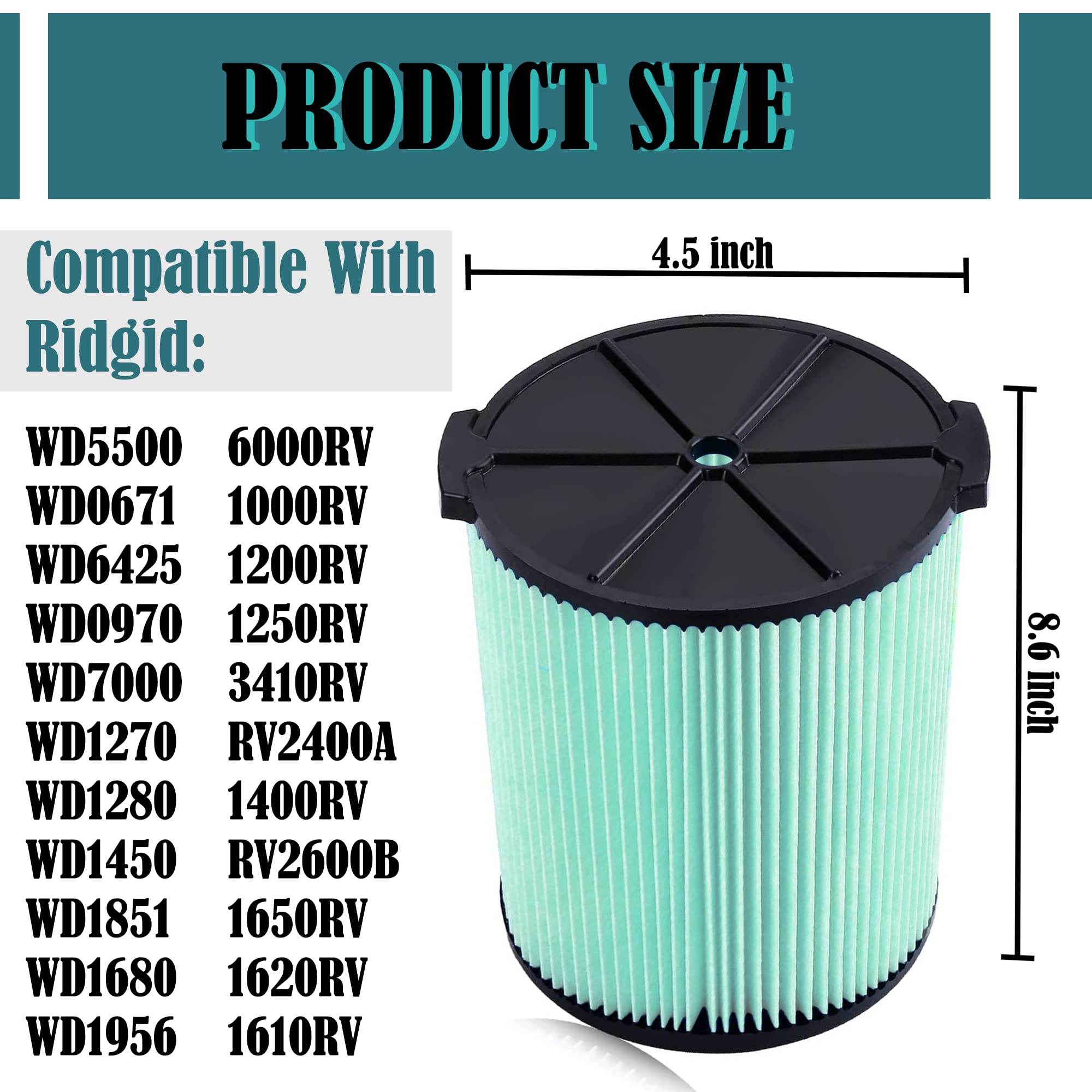 5-Layer Replacement Vacuum Filter VF6000 Compatible with Ridgid Wet/Dry Shop Vac 5-20 Gallon Vacuums WD5500 WD0671 WD6425 WD7000 WD1280 WD1851 WD1680 WD1956 RV2400A 1400RV RV2600B