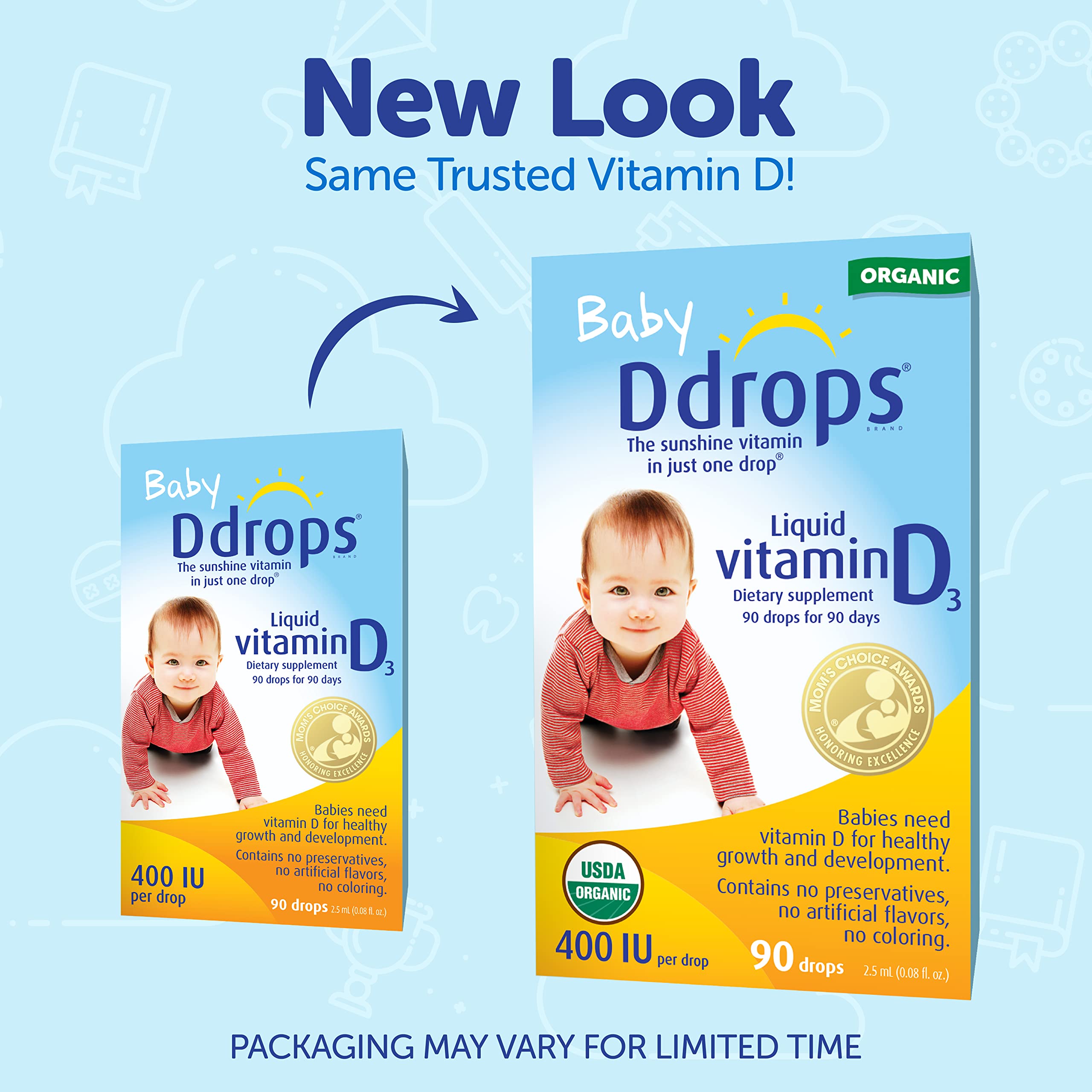Ddrops Organic Baby 400 IU 90 Drops - Daily Vitamin D Liquid for Infants. Supports Teeth & Bone Health. No Preservatives, No Sugar, Non-GMO, Allergy-Friendly