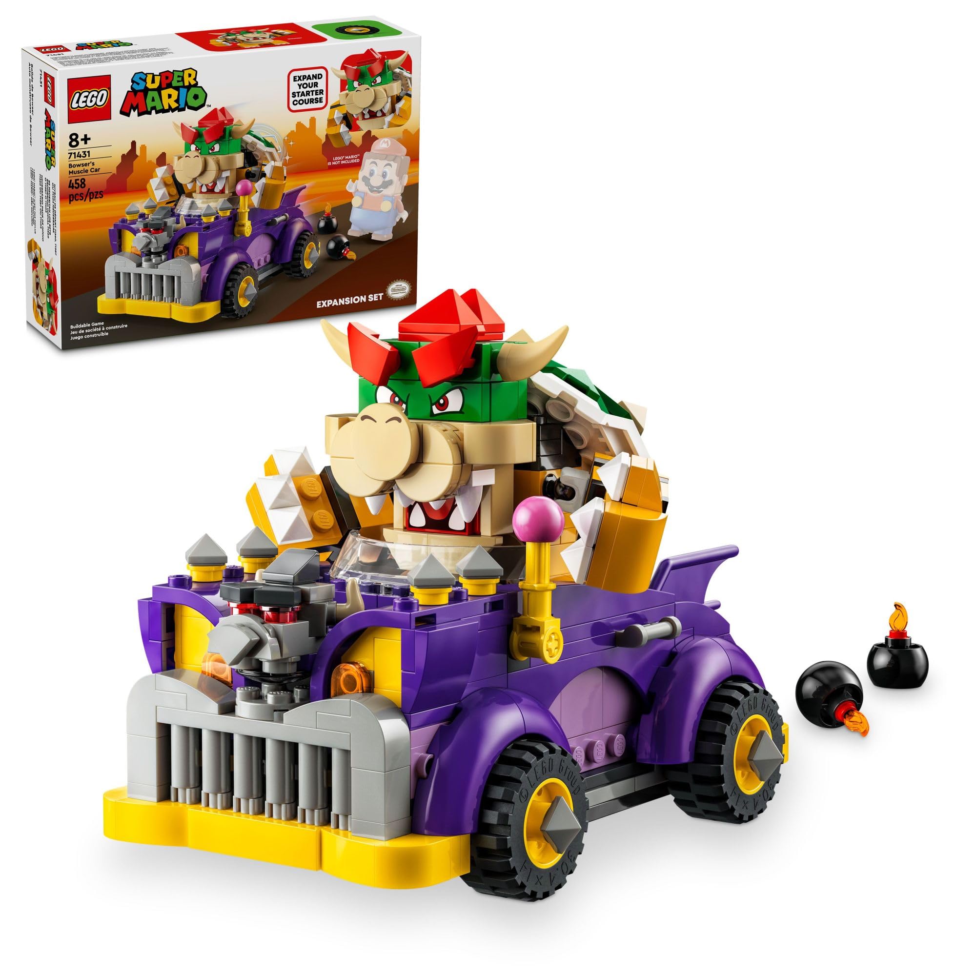 LEGO Super Mario Bowser’s Muscle Car Expansion Set, Collectible Bowser Toy for Kids, Gift for Boys, Girls and Gamers Ages 8 and Up, 71431