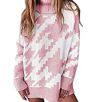Women's Workout Sweaters Fashion Patchwork Colour Collision Lapel Mid-Length Knit Loose Sweater Dresses, S-2XL