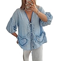 Women Gingham Tie Front Tops Y2k Puff Sleeve Peplum Babydoll Blouse Vintage Plaid Shirts Cute Going Out Tops