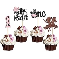 24 PCS Cowboy 1st Birthday Cupcake Toppers Glitter Hat Cowboy One My 1st Rodeo Cupcake Picks First Birthday Cow One Cake Decorations for Western Theme Baby Shower Kids 1st Birthday Party Supplies Pink