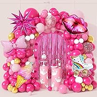 144Pcs Princess Pink Balloon Arch Garland Kit, Hot Pink White Gold Princess Party Decorations with Bow Ice Cream Skating Shoe Star for Girls Women Bridal Bachelorette Wedding Birthday Supplies