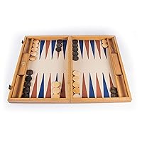 WE Games Luxury Natural Wood Backgammon Set with Blue & Brown Leatherette Interior – 19 inches – Handcrafted in Greece