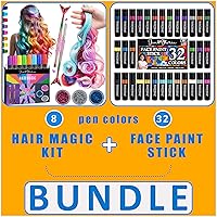 Jim&Gloria Dustless Hair Chalk Include Hair Extensions, Mermaid Brushes Glitters (Set of 17) + Face Paint, 32 Colors with Metallic and Neon