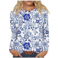 Womens Fall Fashion 2023,Cotton Long Sleeve Shirt Women Casual Retro Printed Round Neck Long Sleeve Pullover Cute Tops Trendy