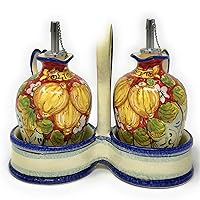 Italian Ceramic Set Dispenser Oil Cruet and Vinegar Art Pottery Hand Painted Red Three Lemons Made in ITALY Tuscan