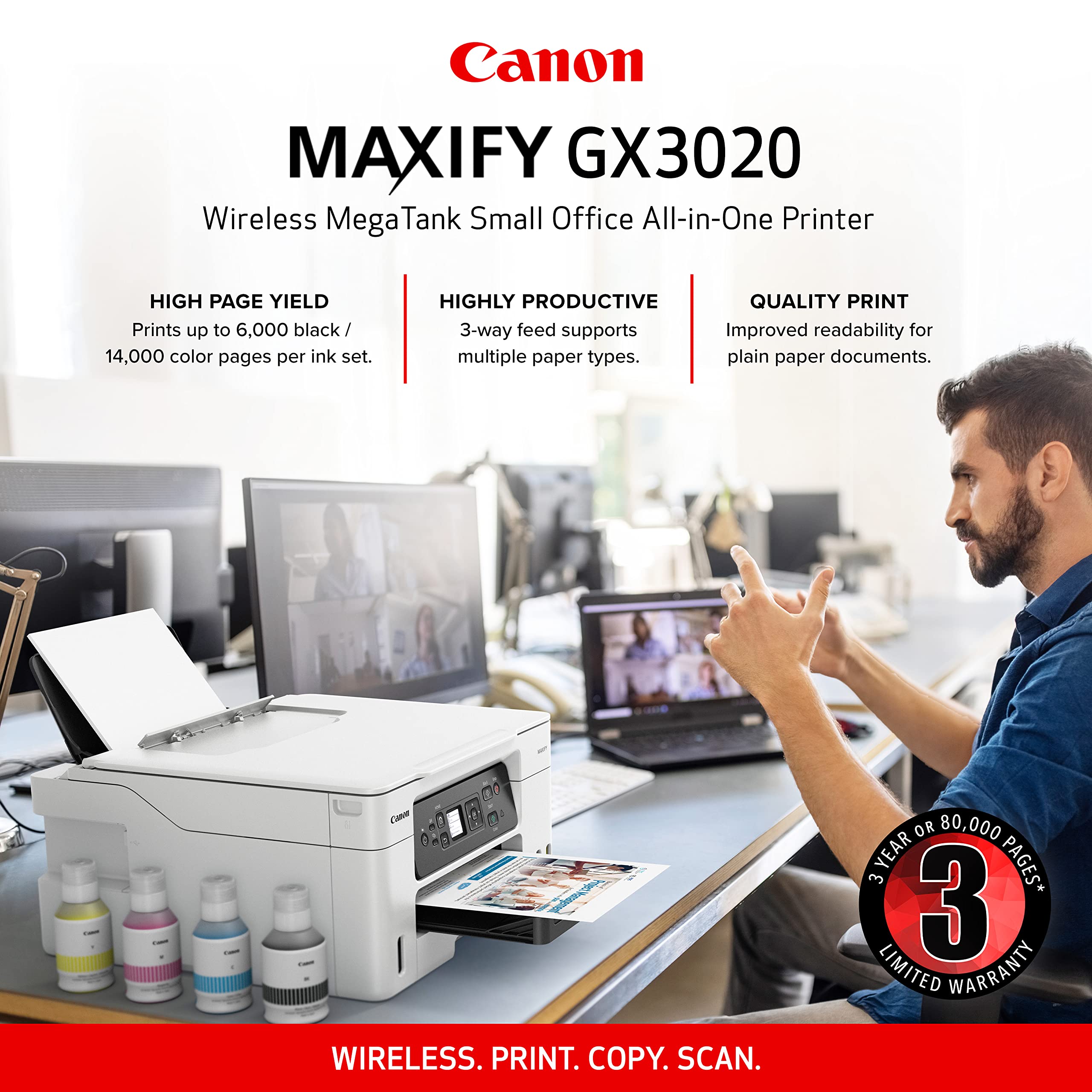 Canon Megatank GX3020 All-in-One Wireless Supertank Printer with Print, Copy, and Scan | Easy Setup, Mobile Printing and 1.35
