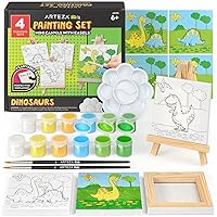 Arteza Kids Dinosaur Painting Kit, 4 Canvases, 3 x 3 in, 4 Easels, 12 Acrylic Paints, 2 Paint Brushes, 1 Palette, Kids Activities for Ages 6 and Up