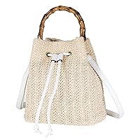 Women Beach Bag Straw Woven Shoulder Bag Crossbody Bucket Handbags Summer Handmade Hobo Purse Bamboo Handle