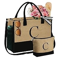 Gifts for Women - Initial Jute Tote Bag & Makeup Bag Adjustable Strap Mothers Day Graduation Birthday Gifts for Women