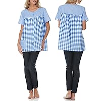Ezi Women's Snap Front Short Sleeve Gingham Shift Seersucker Housecoat Apron Shirt