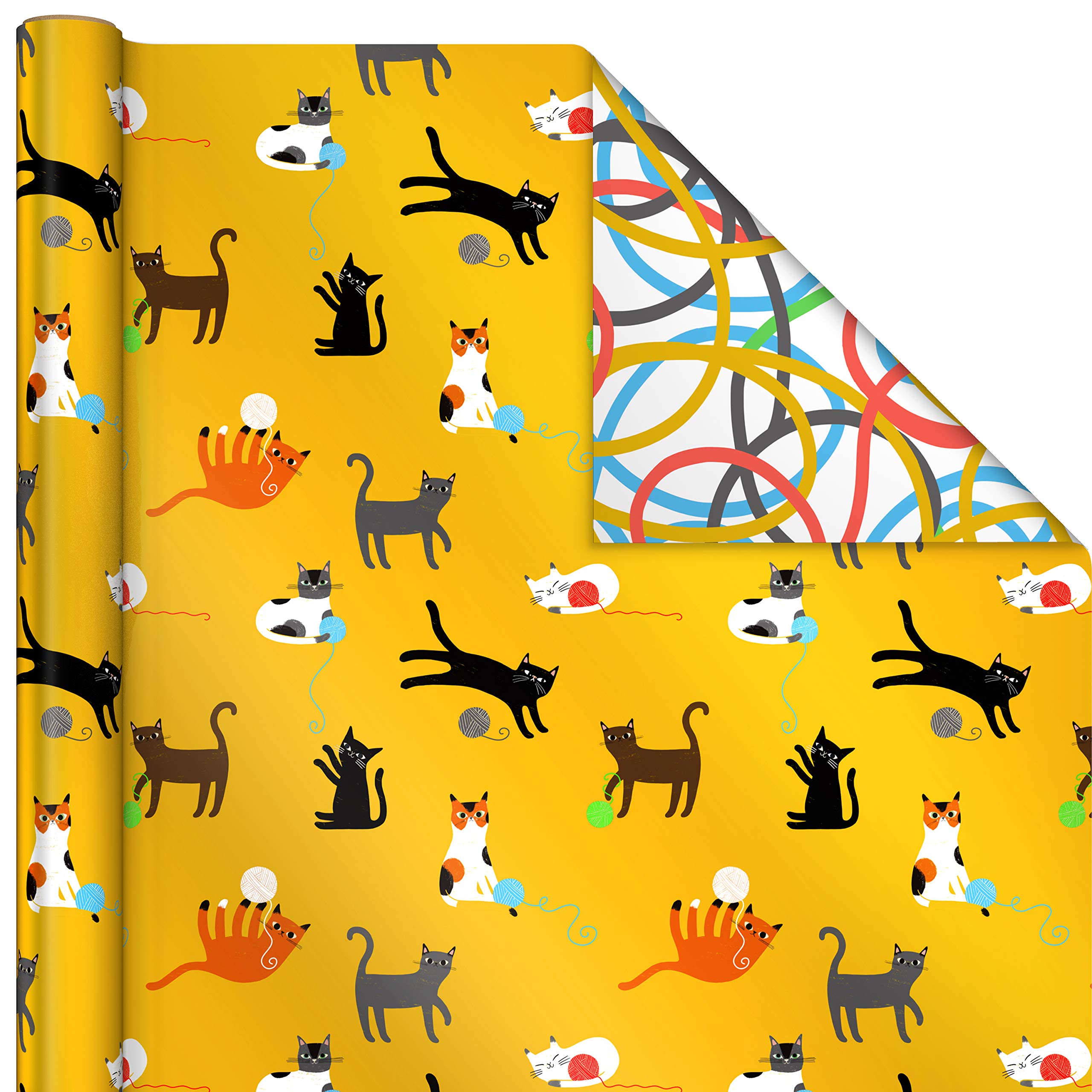 Hallmark Reversible Dog and Cat Wrapping Paper (3 Rolls: 75 sq ft ttl) Yellow, Black and White Stripes, Paw Prints, Pug, Yorkie, Hound for Birthdays, Baby Showers, Christmas, New Pet, Back to School