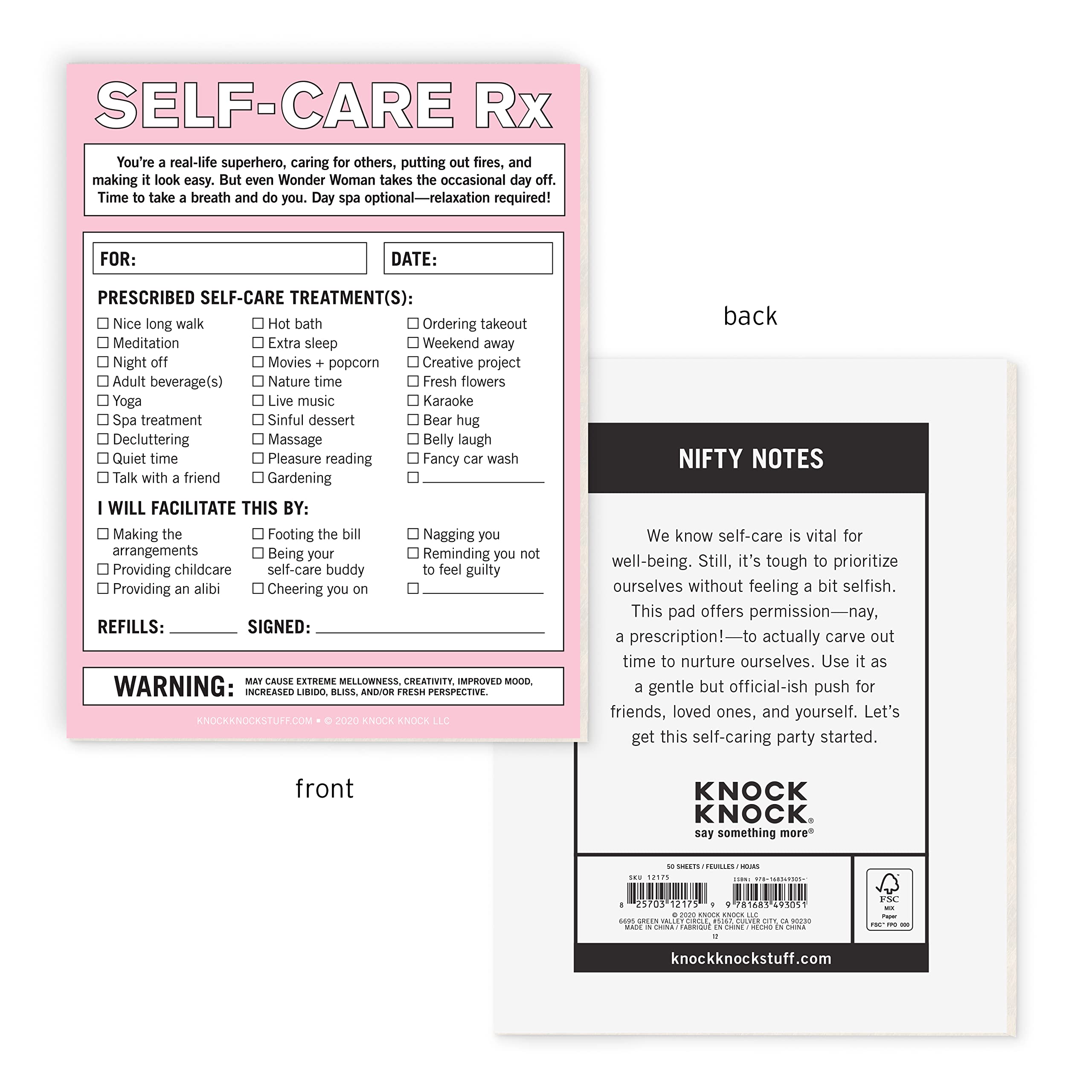 Knock Knock Self-Care RX Nifty Note - Self Care Gifts & Funny Gift Ideas for Friends, 4 x 5.25-inches
