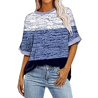 Women Oversized T-Shirt Summer Casual Short Sleeve Loose Tee Tops Fashion Round Neck Color Block Print Tunic Blouse