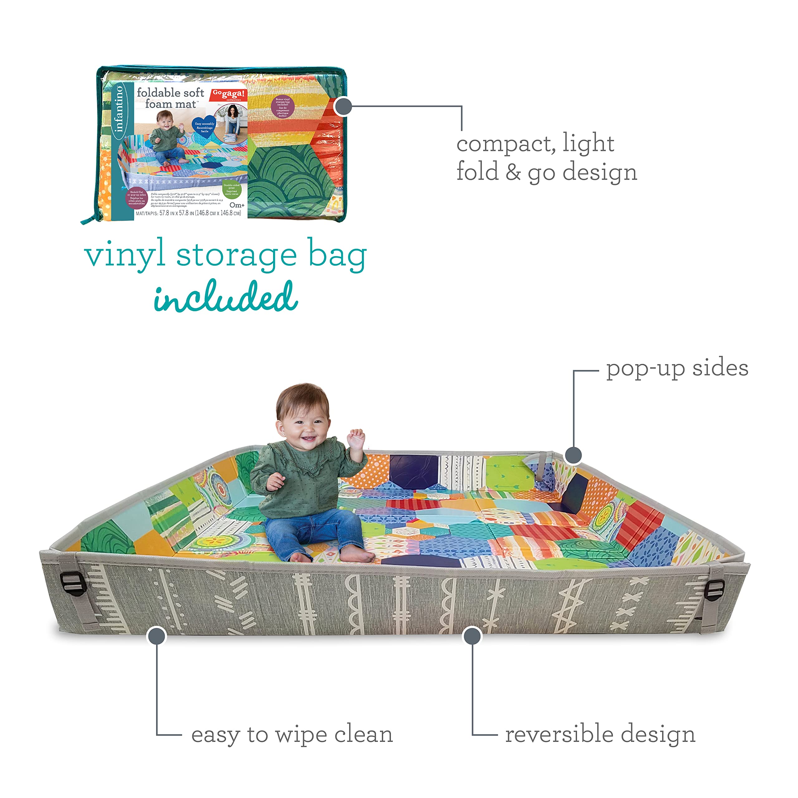 Infantino Foldable Soft Foam Mat, Extra Large Double-Sided Cushioned Play Mat with Pop-Up Sides, Non Slip Crawling & Playing for Infants and Toddlers