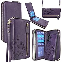 Lacass Wallet for Samsung Galaxy A25 5G, Crossbody Dual Zipper Detachable Magnetic Leather Wallet Case Cover Wristlets Wrist Strap 13 Card Slots Money Pocket(Floral Dark Purple)
