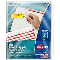 Avery 8 Tab Plastic Dividers for 3 Ring Binder, Easy Print & Apply Clear Label Strip, Index Maker Customizable Frosted White Tabs, 1 Set (11450)