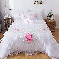 Delicate Rose 6 Piece Floral White Satin Ruffles Pin Flowers Luxurious Comforter Set, Queen