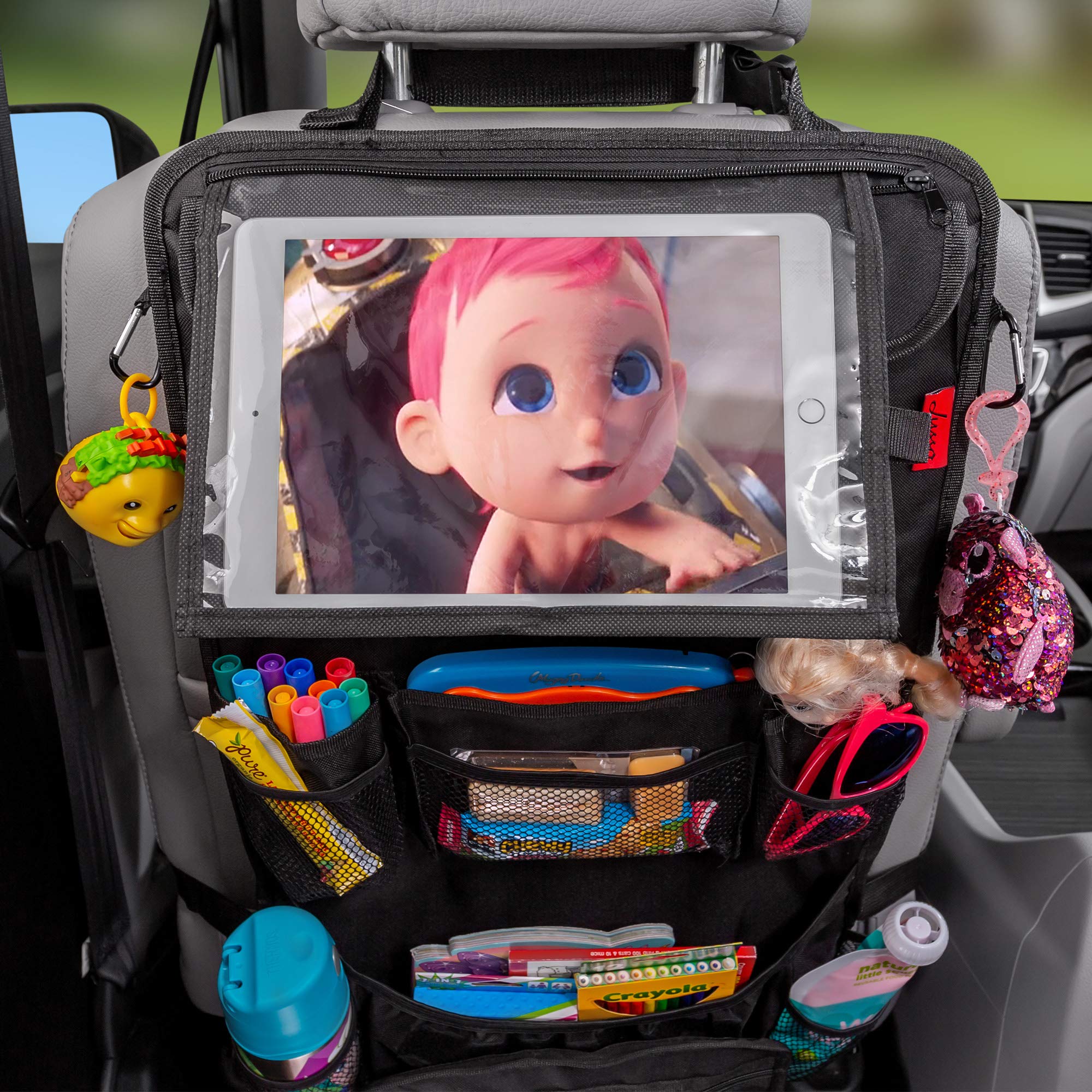 Lusso Gear Kids Travel Tray (Black) + Heavy Duty Car Seat Organizer (Black), Extra Large for Protection, Sag Proof & Reinforced Corners, Protects iPad & Backseat, 12 Versatile Car Seat Organizer Stora