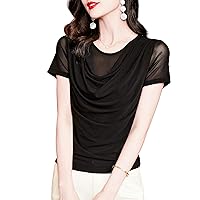 Women's Casual Mesh Tops Fashion Solid Crewneck Short Sleeve Bright Silk Blouses Ladies Elegant Daily Work Shirts