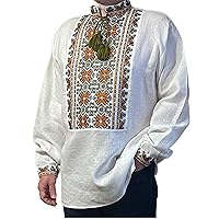Ukrainian Vyshyvanka for Men Shirt White Terracotta Green Linen Embroidered Cross-Stitch
