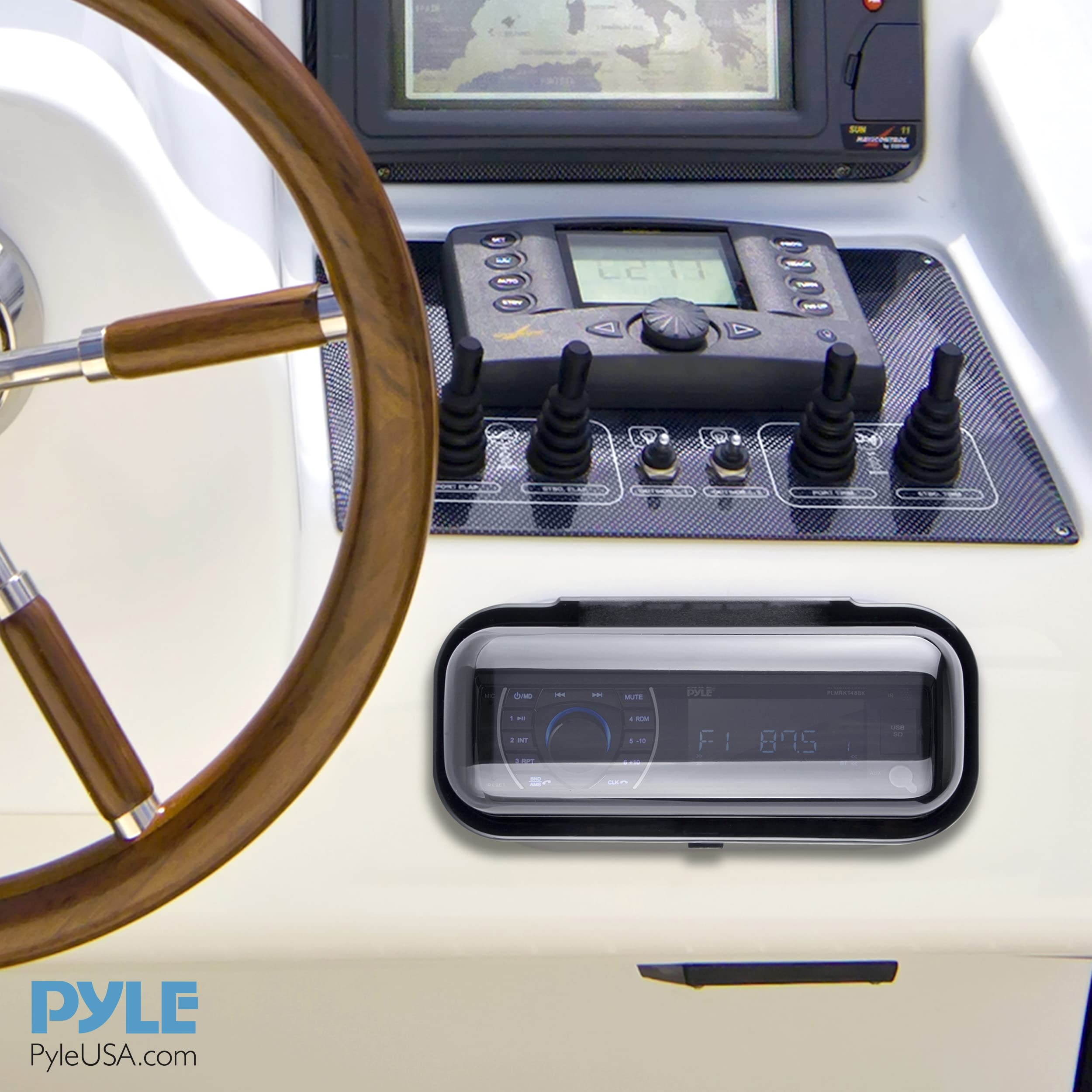 Pyle Water Resistant Marine Stereo Cover - Smoke Colored Heavy Duty Boat Radio Protector Shield with Flip-up Door & Spring Loaded Release - Mounting Gasket Included - Pyle PLMRCW1,White