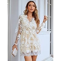 Dresses for Women - Lantern Sleeve Lace Overlay Dress (Color : Beige, Size : X-Small)