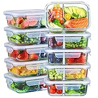 Bayco 10 Pack Glass Meal Prep Containers 2 Compartment, Glass Food Storage Containers with Lids, Airtight Glass Lunch Bento Boxes, BPA-Free & Leak Proof (10 lids & 10 Containers) - White