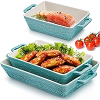 Hacaroa Set of 3 Ceramic Baking Dishes, Rectangular Bakeware with Handles, Elegant Casserole Dish Set Lasagna Pan for Baking, Cooking, Cake Dinner, Banquet, Lake Blue, 3 Sizes