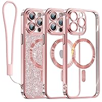 Meifigno Candy Mag Series Case for iPhone 14 Pro, [Compatible with MagSafe] [Glitter Card & Wrist Strap] Full Camera Lens Protection for iPhone 14 Pro Case Women Girls, Rose Gold