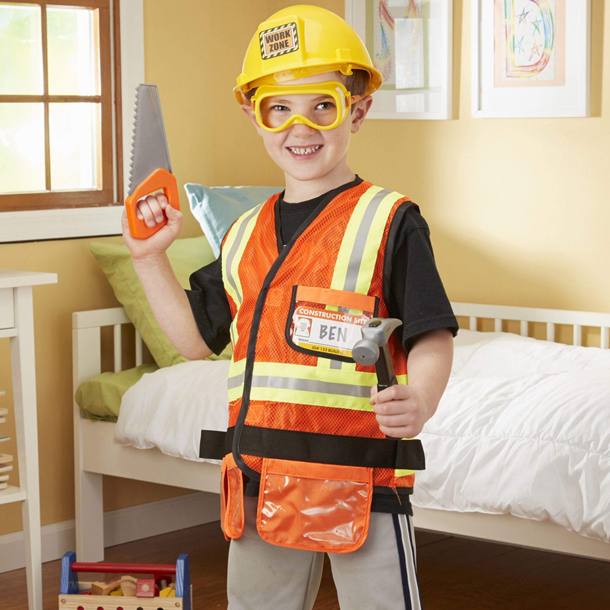 Melissa & Doug Role Play Costume Dress-Up Set (6 pcs) Frustration-Free Packaging - Pretend Construction Worker Outfit For Kids, Toddlers Ages 3+