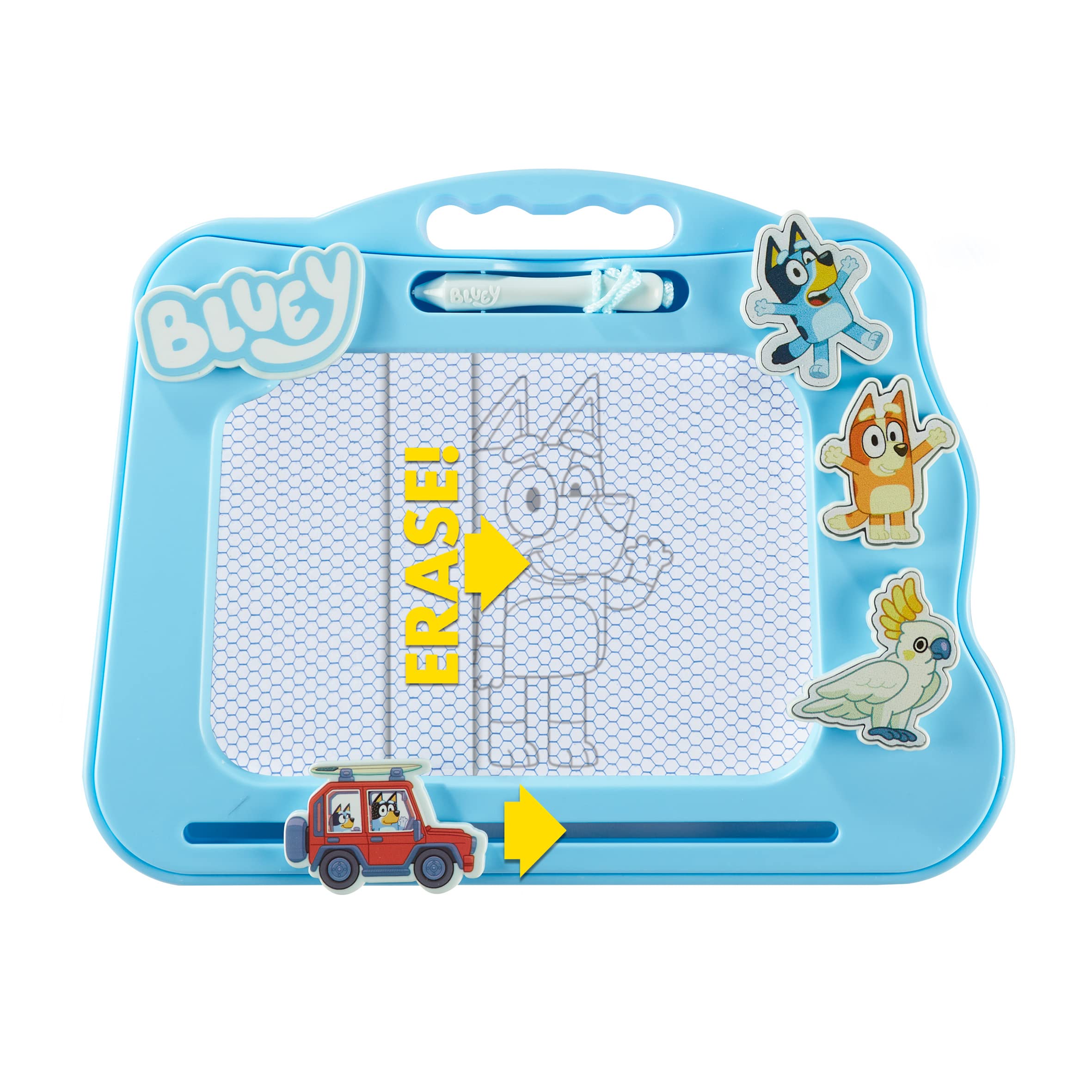 Character Options Bluey Travel Magnetic Scribbler pad with Pen and 3 Stamps, Draw and Erase with no Mess