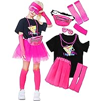 Kids 9Pcs 80s Costume Accessories Set, Party T-Shirt Tutu Fancy Outfits, for Cosplay 1980s Party for Girls