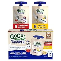 GoGo squeeZ yogurtZ Variety Pack, Strawberry & Banana, 3 oz (Pack of 10), Kids Snacks Made from Real Yogurt and Fruit, No Fridge Needed, Gluten Free, Nut Free, Recloseable Cap, BPA Free Pouches