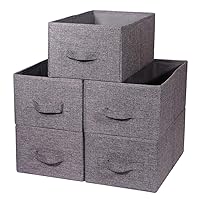 Set of 5 Closet Organizer Bins with Handle, Fabric Foldable Storage Baskets Cloth Box Containers for Shelves Home Office Clothes Clothing, Gray, Large