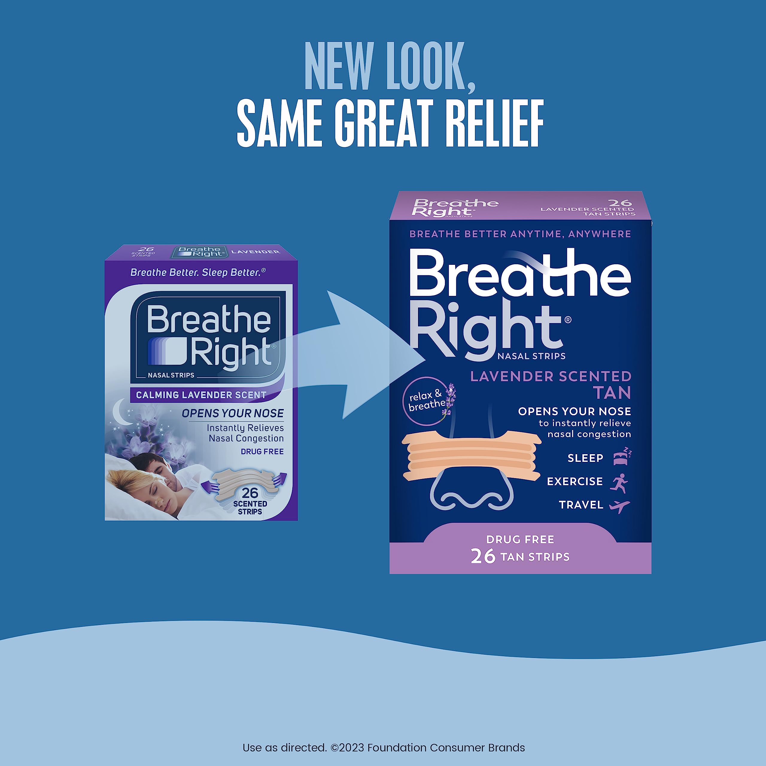 Breathe Right Nasal Strips Lavender Scent Extra Strength Tan Nasal Strips Help Stop Snoring Drug-Free Snoring Solution & Nasal Congestion Relief Caused By Colds & Allergies 26ct (packaging may vary)